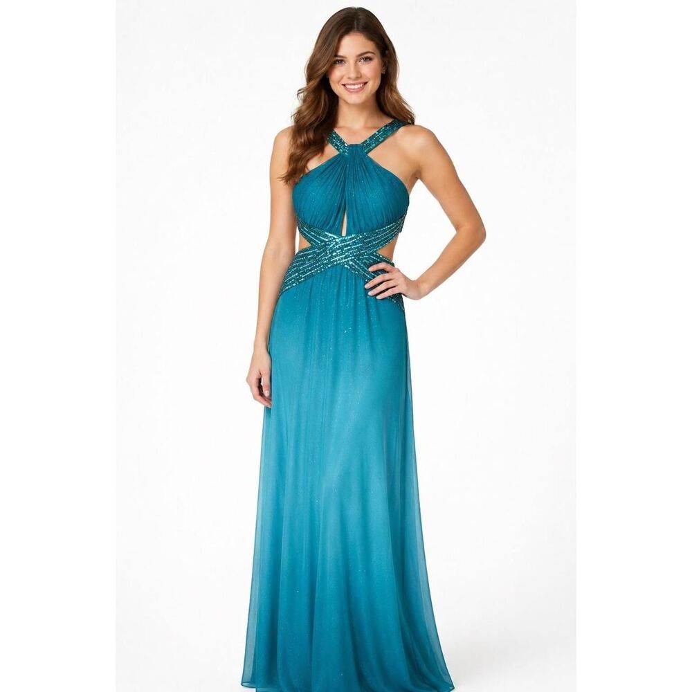 Betsy & Adam Teal Ombre Sequin Halter Gown Side Cutouts Open Back Dress 12